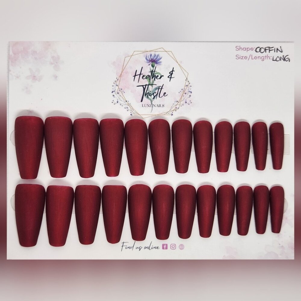 Heather & Thistle Luxe Press-On Nails - Merlot Dreams - Long Coffin